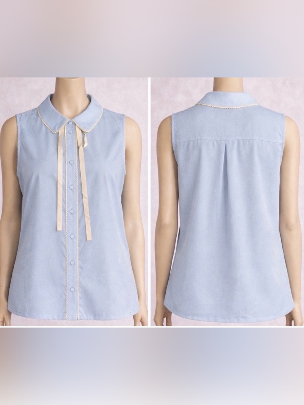 Light Blue Sleeveless Button-Front Top with Contrast Trim Peter Pan collar